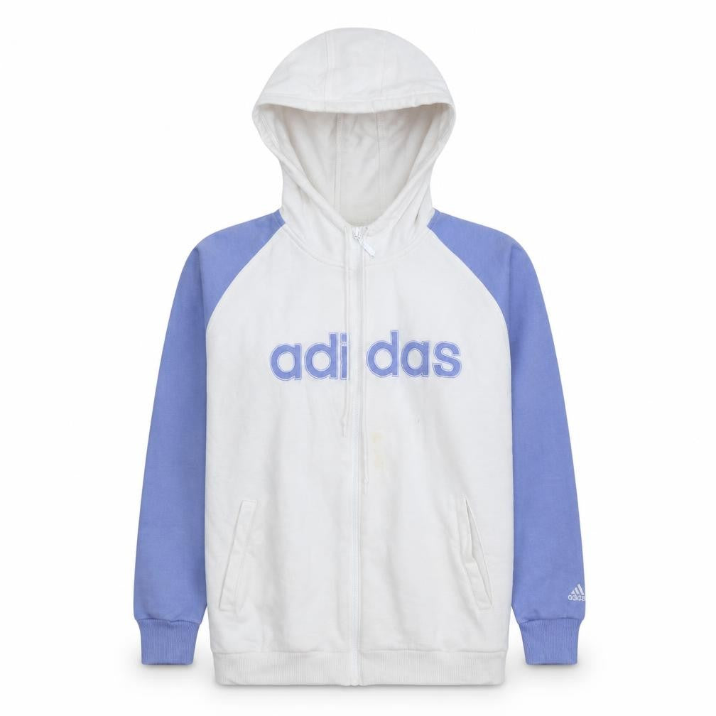 Front view of Adidas Women White & Blue Full Zip Hoodie, size 14