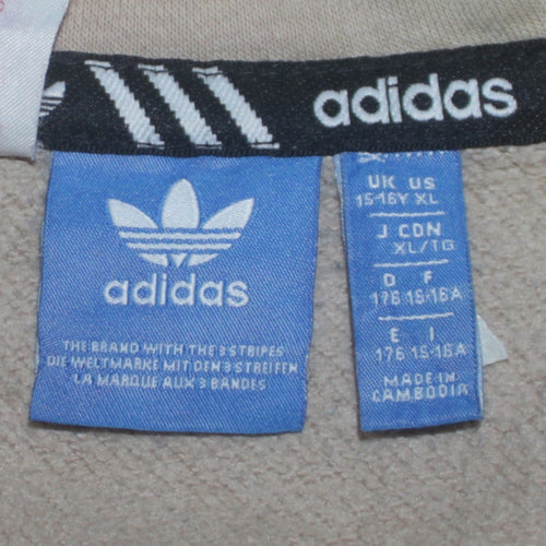 Adidas Boys Beige Hooded Pullover Hoodie XL 15-16 Years Logo Print