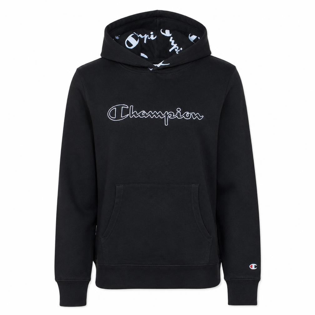 Front view of Champion Women's Black Large Pullover Hoodie with Logo Print