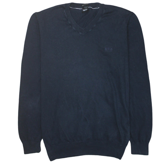 Hugo Boss Men's Blue V-Neck Cotton Jumper XL Classic Knit