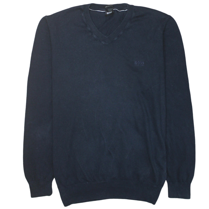 Hugo Boss Men's Blue V-Neck Cotton Jumper XL Classic Knit