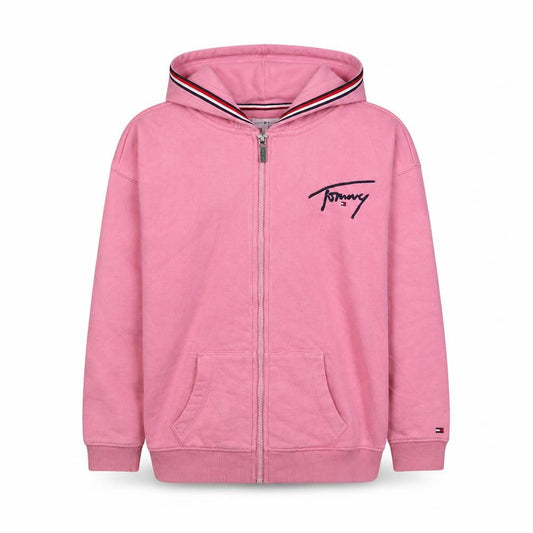 Front view of Tommy Hilfiger girls’ pink full zip hoodie, size 152, logo cotton blend