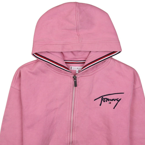 Tommy Hilfiger Girls Pink Full Zip Hoodie Size 152 Logo Cotton Blend
