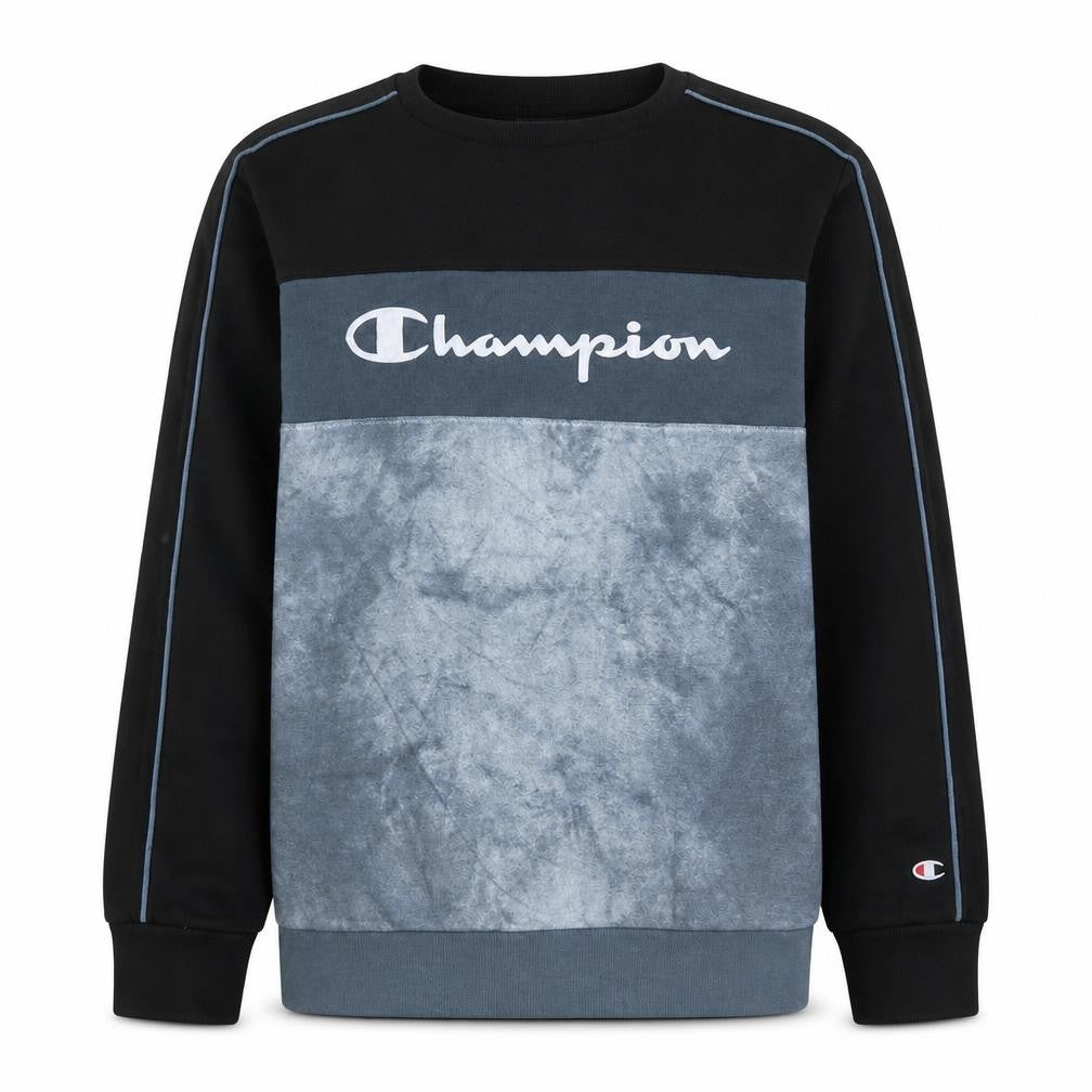 Front view of Champion boys’ black blue tie dye sweatshirt xl 13-14 years pullover crew neck