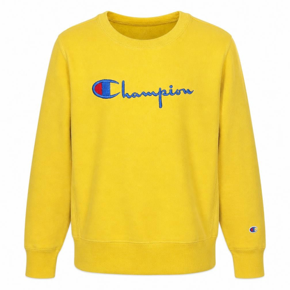Front view of Champion Men's Yellow Reverse Weave Sweatshirt Small Crew Neck Pullover