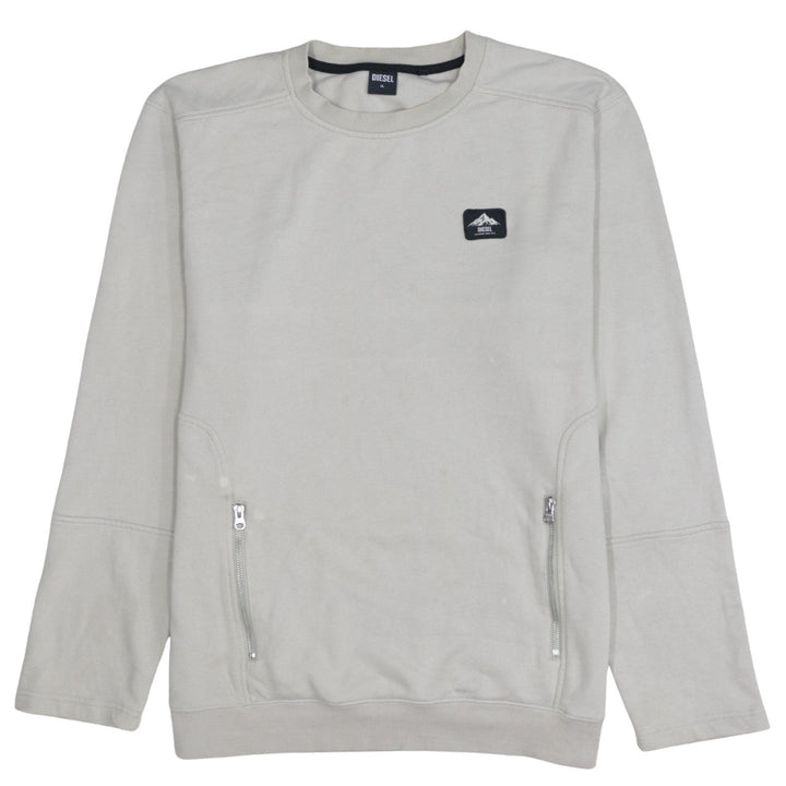 Diesel Men's Beige XL Pullover Logo Sweatshirt with Zip Pockets