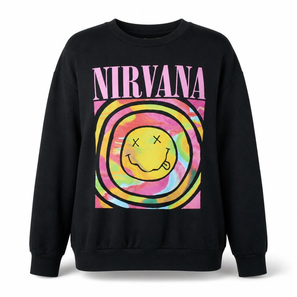 Front view of Nirvana Women's Black XL Pullover Sweatshirt with Graphic Print