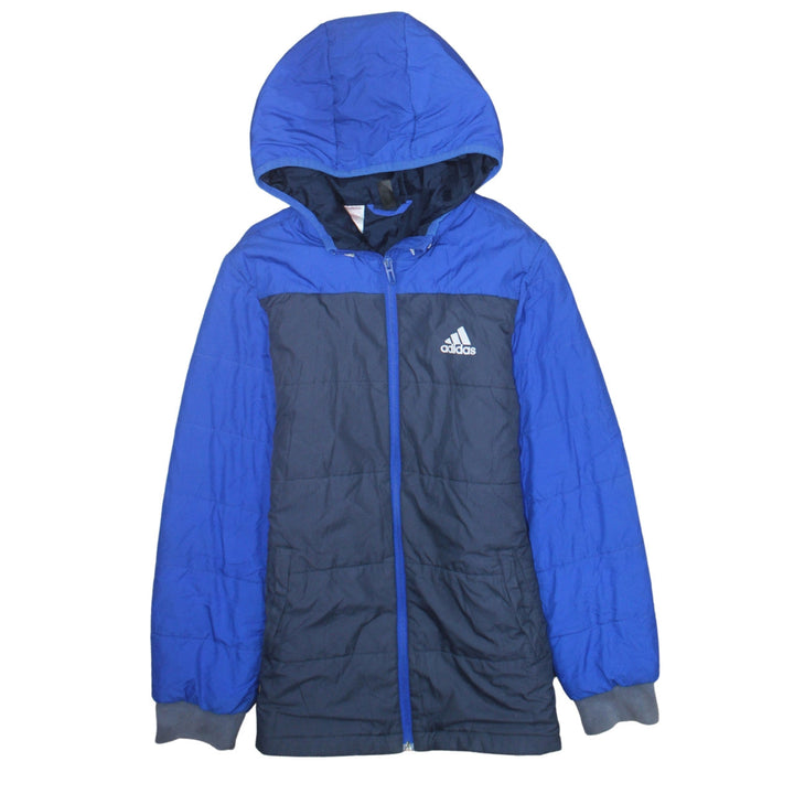 Adidas Boys Blue Hooded Puffer Jacket 11-12 Years Full Zip Lined Winter Coat