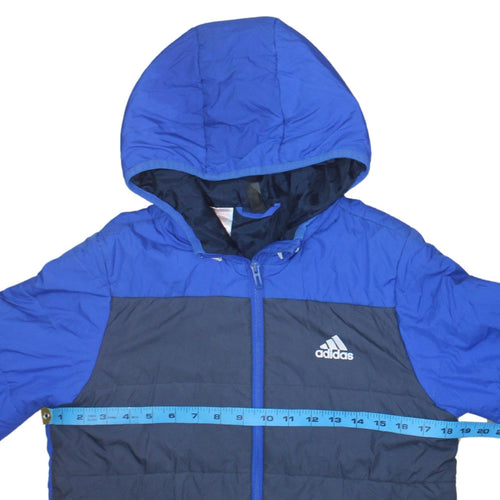 Adidas Boys Blue Hooded Puffer Jacket 11-12 Years Full Zip Lined Winter Coat