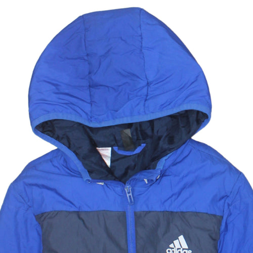 Adidas Boys Blue Hooded Puffer Jacket 11-12 Years Full Zip Lined Winter Coat