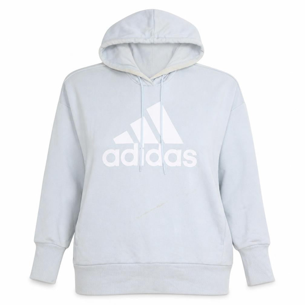 Front view of Adidas women’s light blue pullover hoodie, size L, logo sportswear