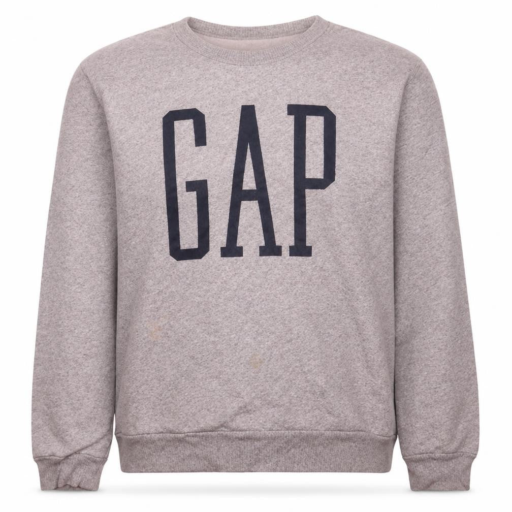 Front view of Gap women’s grey logo crew neck pullover sweatshirt, size L