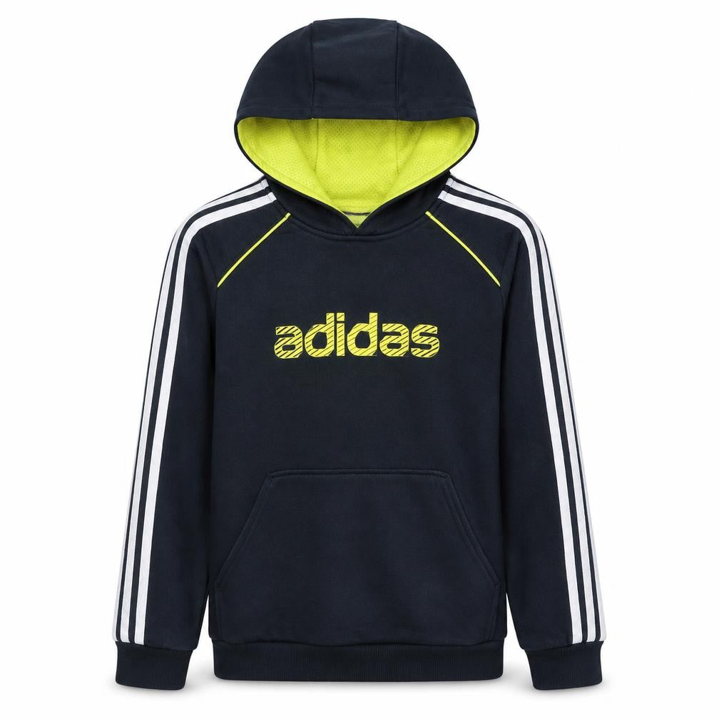 Front view of Adidas boys’ black pullover hoodie, size 11-12, years logo striped design