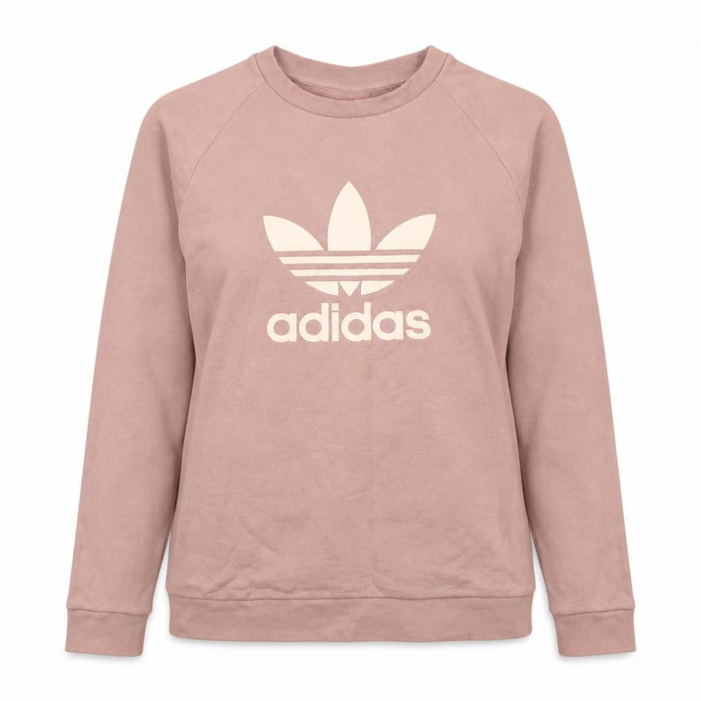 Front view of Adidas women’s pink sweatshirt small logo crew neck pullover
