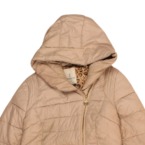 Monaco Women's Beige Long Puffer Coat Hooded Lined Jacket Size L