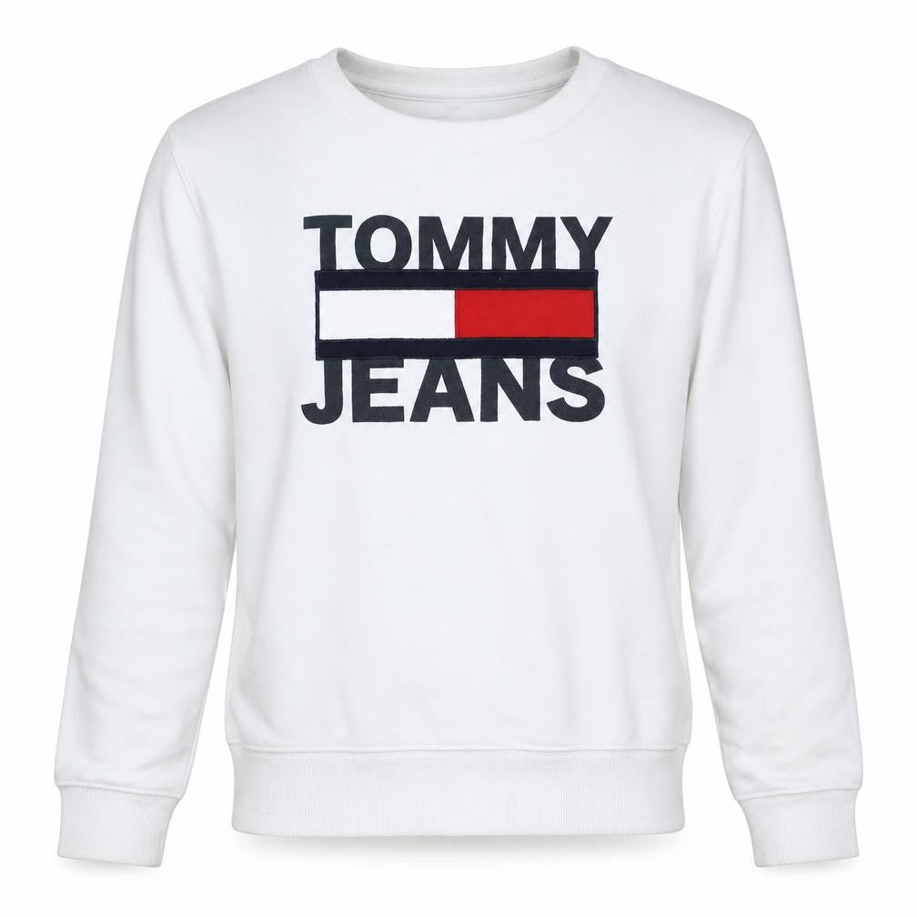 Front view of Tommy Jeans Men's White Logo Pullover Sweatshirt, size S