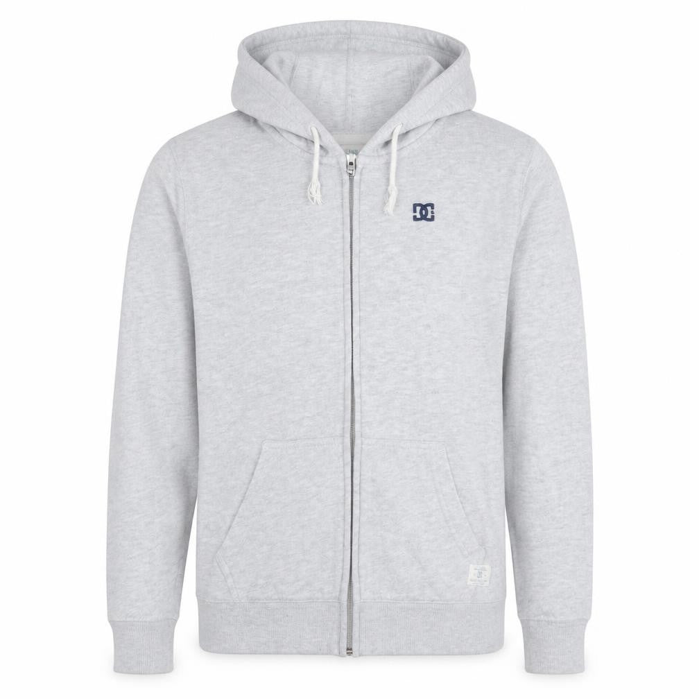Front view of DC Men’s Grey Full Zip Hoodie, size S, Regular Fit Embroidered Logo