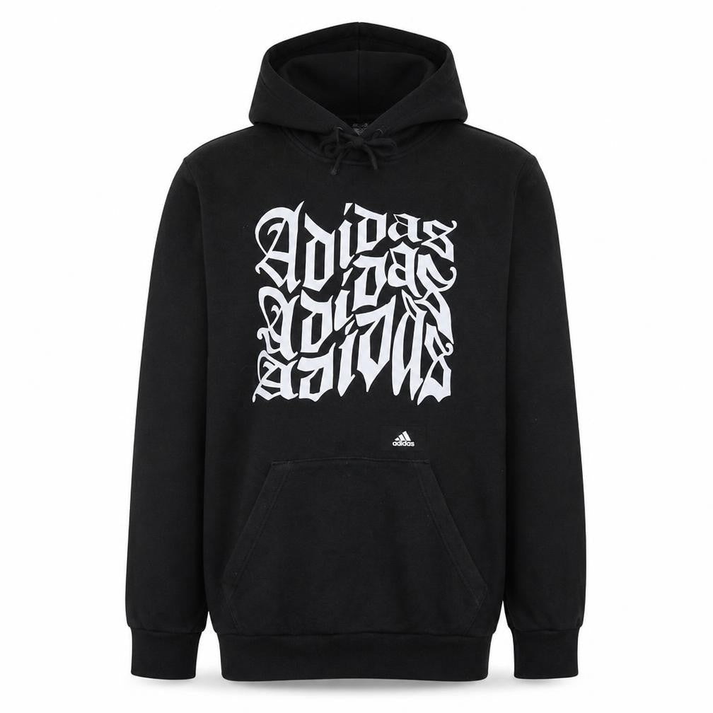 Front view of Adidas Men's Black Pullover Hoodie Small Graphic Print Sportswear