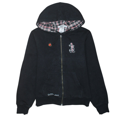 Disney Parks Women Black Full Zip Hoodie Size M Mickey Plaid Lined Sweatshirt