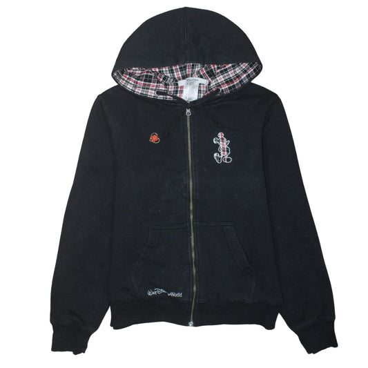 Disney Parks Women Black Full Zip Hoodie Size M Mickey Plaid Lined Sweatshirt