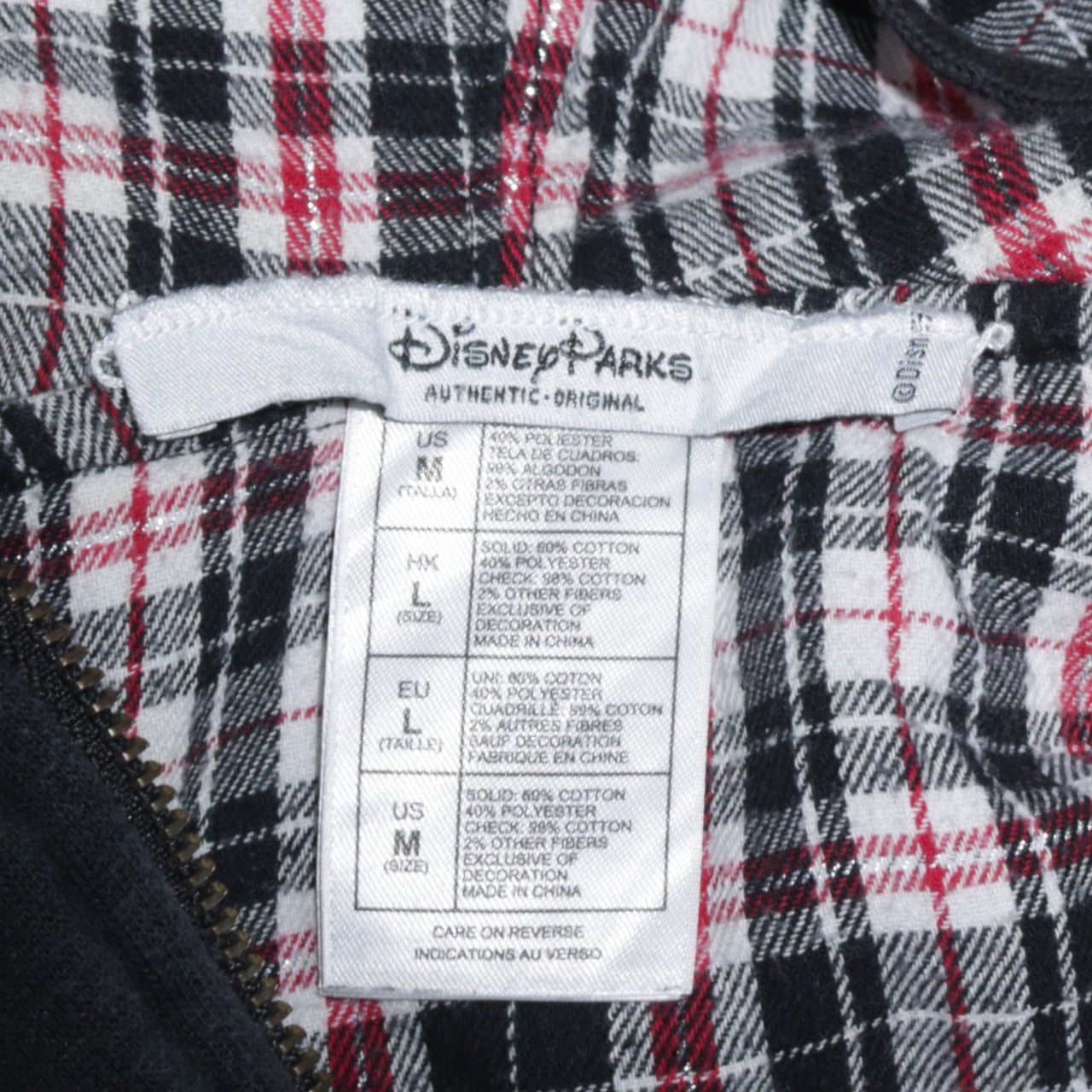 Disney Parks Women Black Full Zip Hoodie Size M Mickey Plaid Lined Sweatshirt