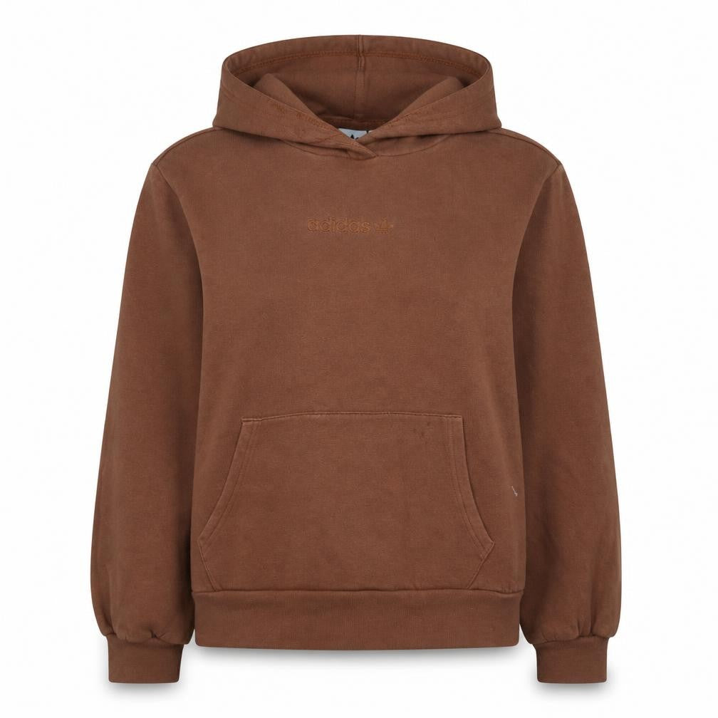 Front view of Adidas women’s brown hooded pullover hoodie, size UK 8, cotton blend