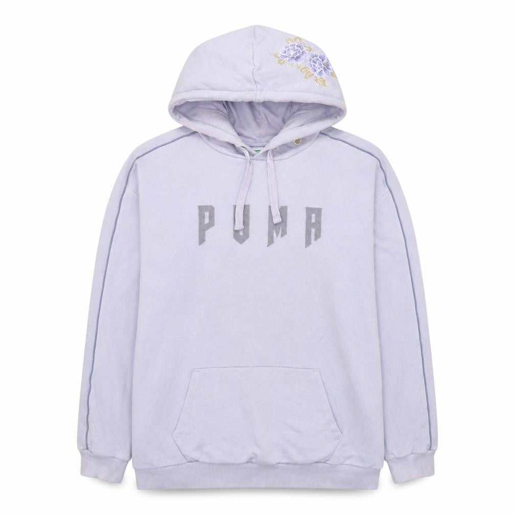 Front view of PUMA Women Lavender Hoodie, size 12, Floral Embroidered Pullover