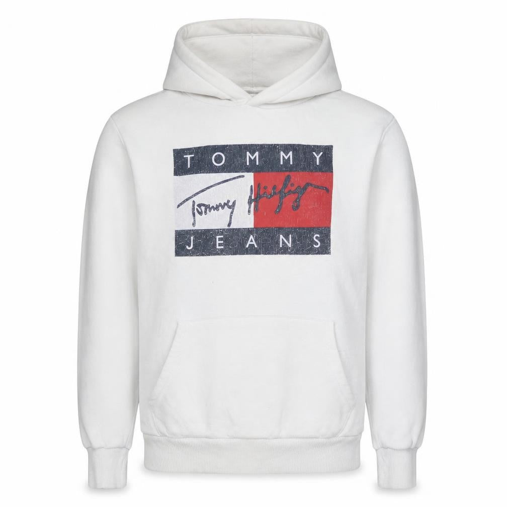 Front view of Tommy Hilfiger Men's White XS Pullover Logo Hoodie
