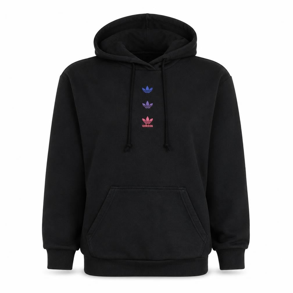 Front view of Adidas women’s black pullover hoodie, size UK 8, logo print cotton blend