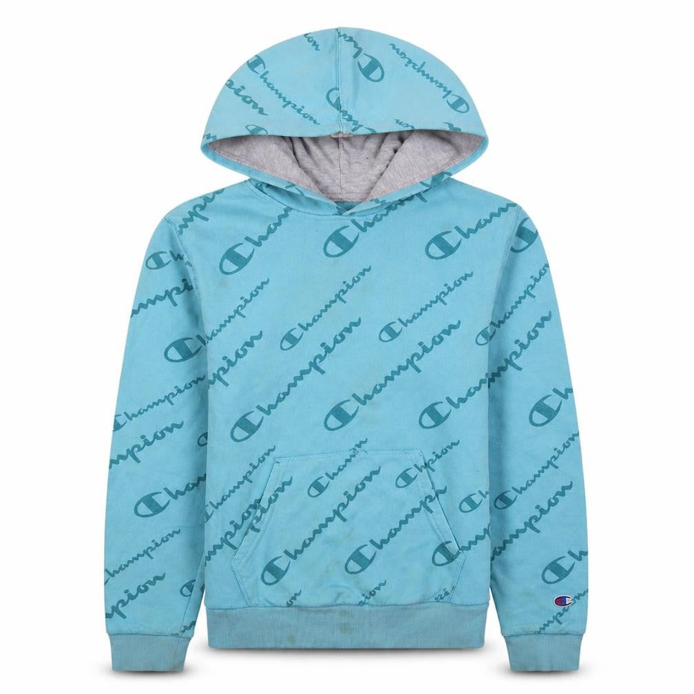 Front view of Champion women’s blue pullover hoodie xl graphic print cotton blend