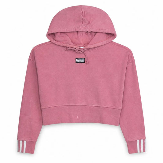Front view of Adidas women’s pink hooded cropped pullover sweatshirt, size UK 6