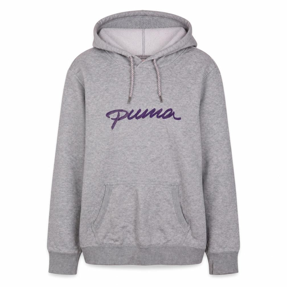 Front view of Puma Women Grey Hooded Pullover Sweatshirt UK 16 Embroidered Logo