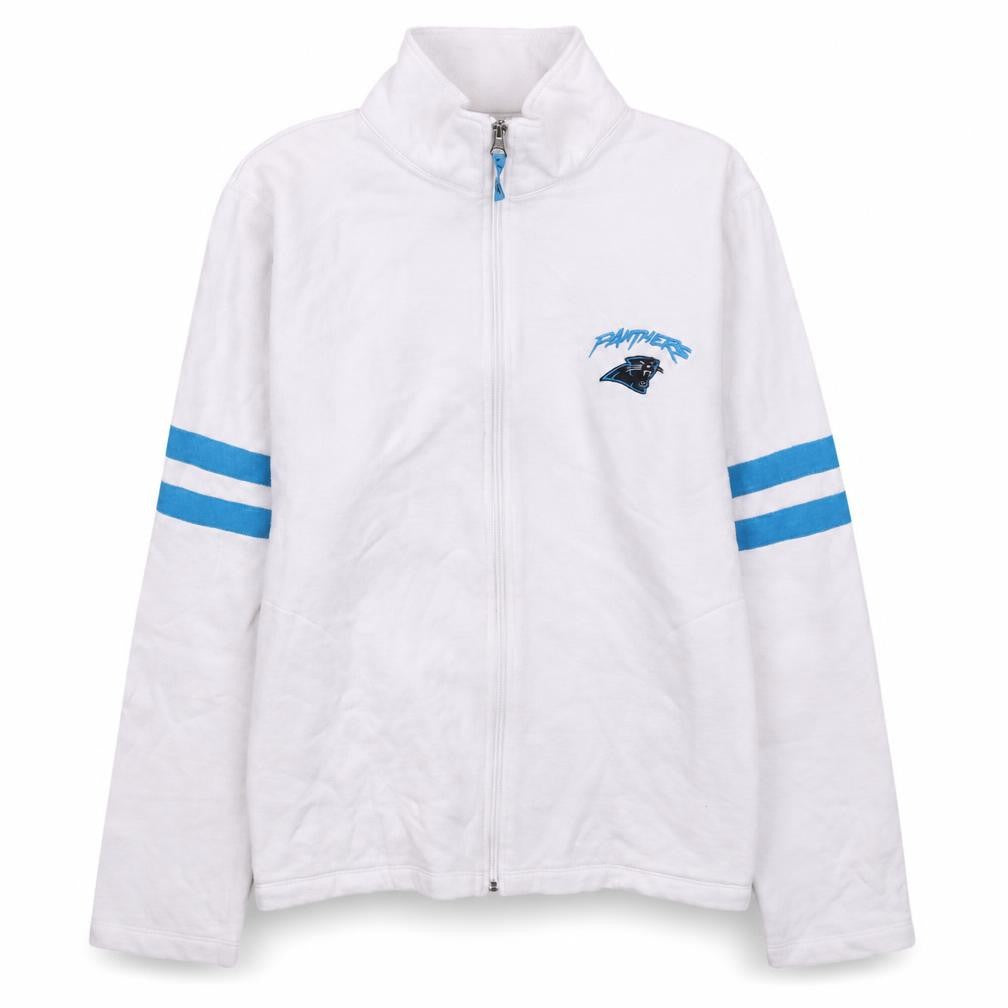 Front view of NFL Team Apparel women’s white panthers full zip sweatshirt, size L