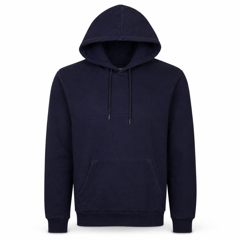 Front view of Puma Men's Blue Pullover Hoodie Small Logo Fleece Sweatshirt