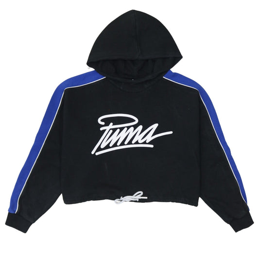 Puma Womens Black Blue Cropped Hoodie UK 14 Drawstring Logo Sweatshirt