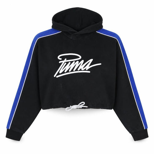 Puma Womens Black Blue Cropped Hoodie UK 14 Drawstring Logo Sweatshirt