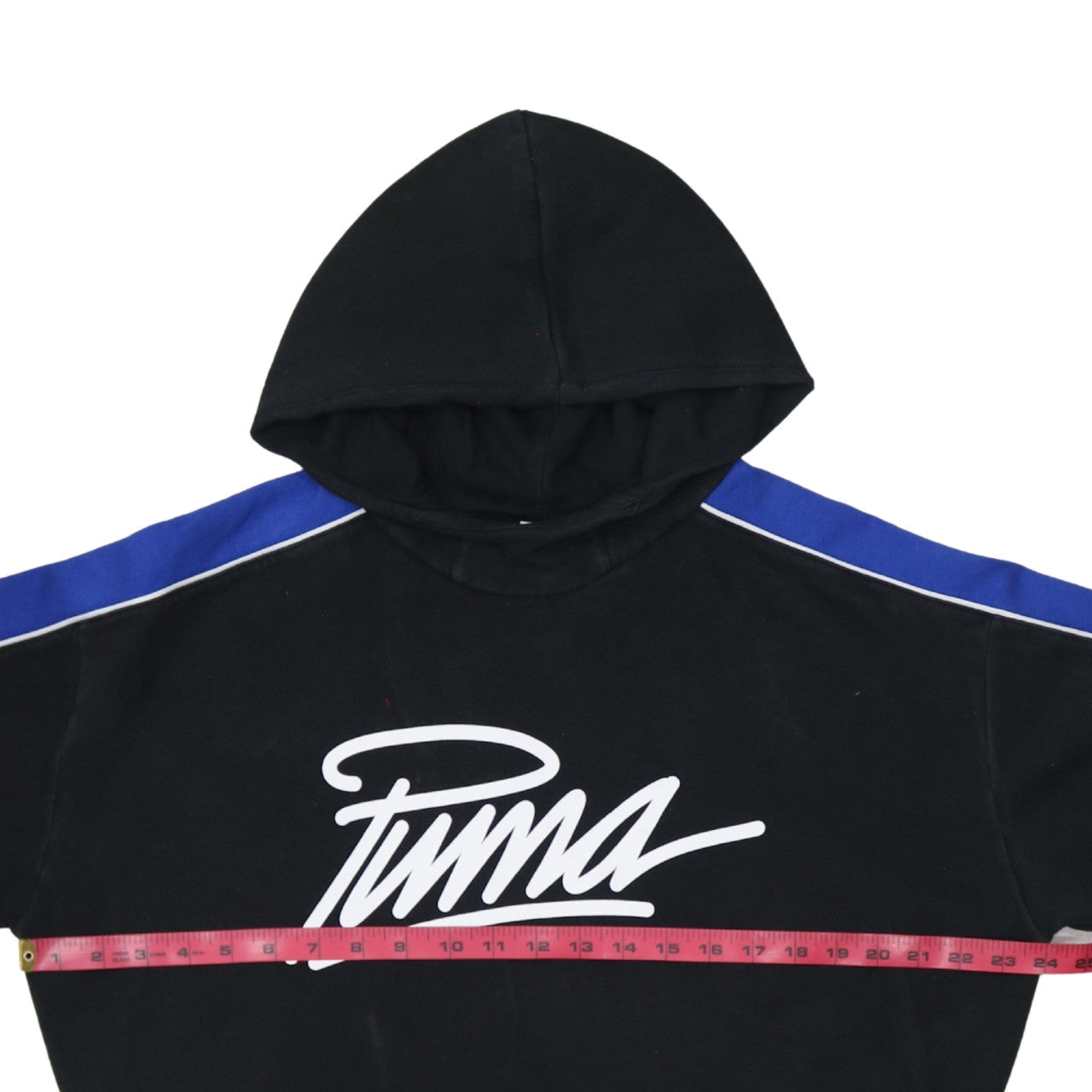 Puma Womens Black Blue Cropped Hoodie UK 14 Drawstring Logo Sweatshirt
