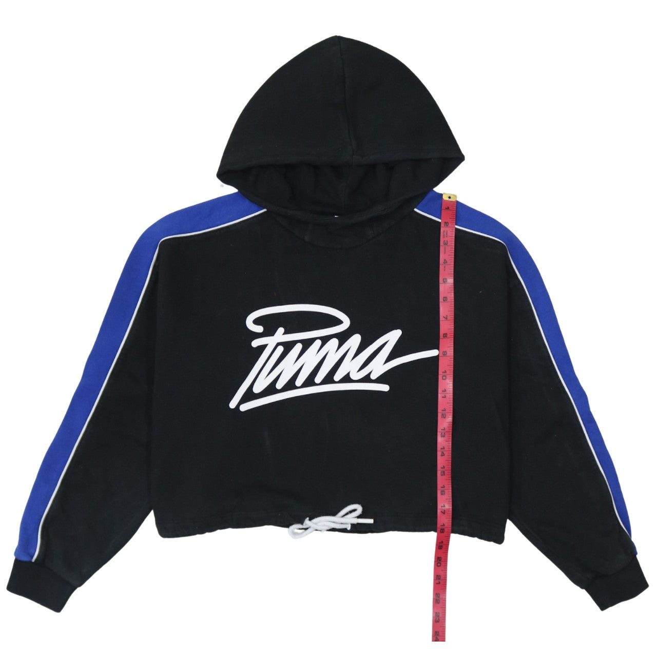Puma Womens Black Blue Cropped Hoodie UK 14 Drawstring Logo Sweatshirt