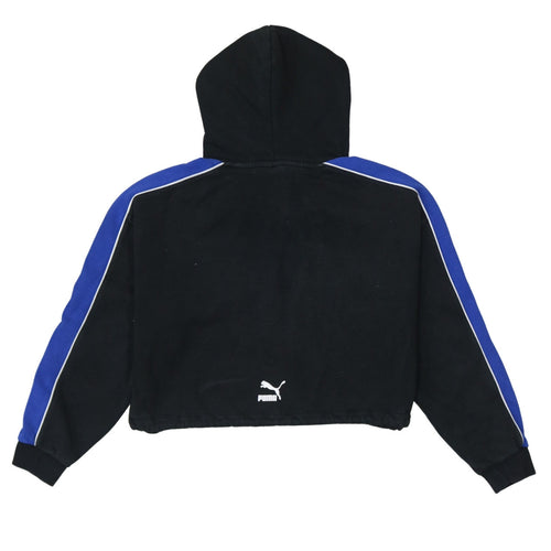 Puma Womens Black Blue Cropped Hoodie UK 14 Drawstring Logo Sweatshirt