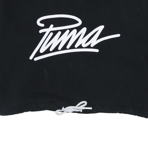 Puma Womens Black Blue Cropped Hoodie UK 14 Drawstring Logo Sweatshirt