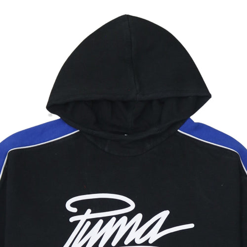 Puma Womens Black Blue Cropped Hoodie UK 14 Drawstring Logo Sweatshirt
