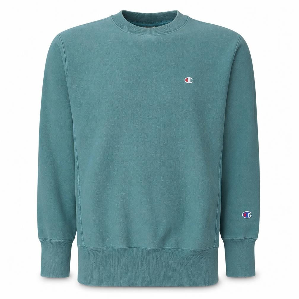 Front view of Champion Men's Green Reverse Weave Crew Neck Sweatshirt, size S