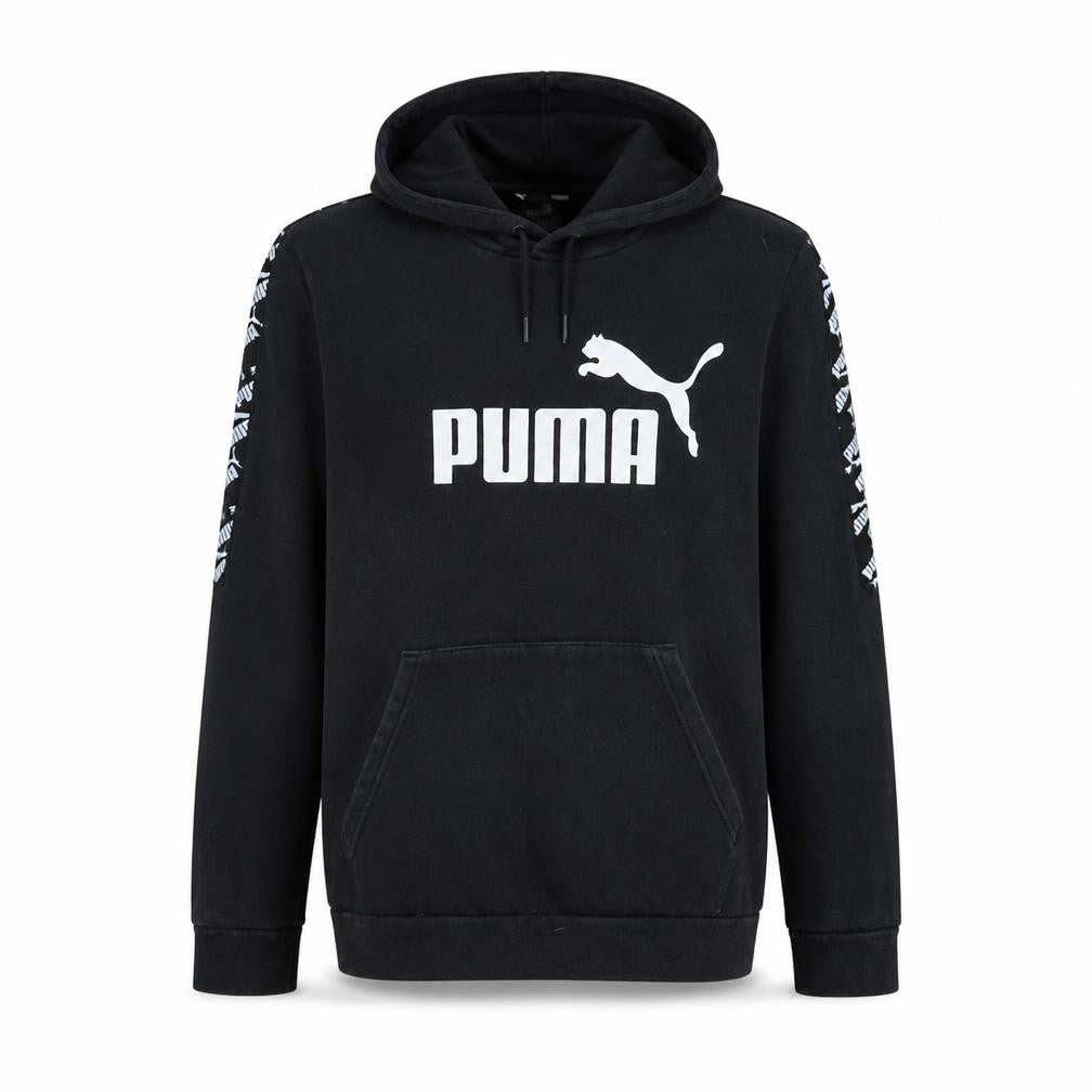 Front view of Puma Men's Black Pullover Hoodie M Logo Graphic Sportswear