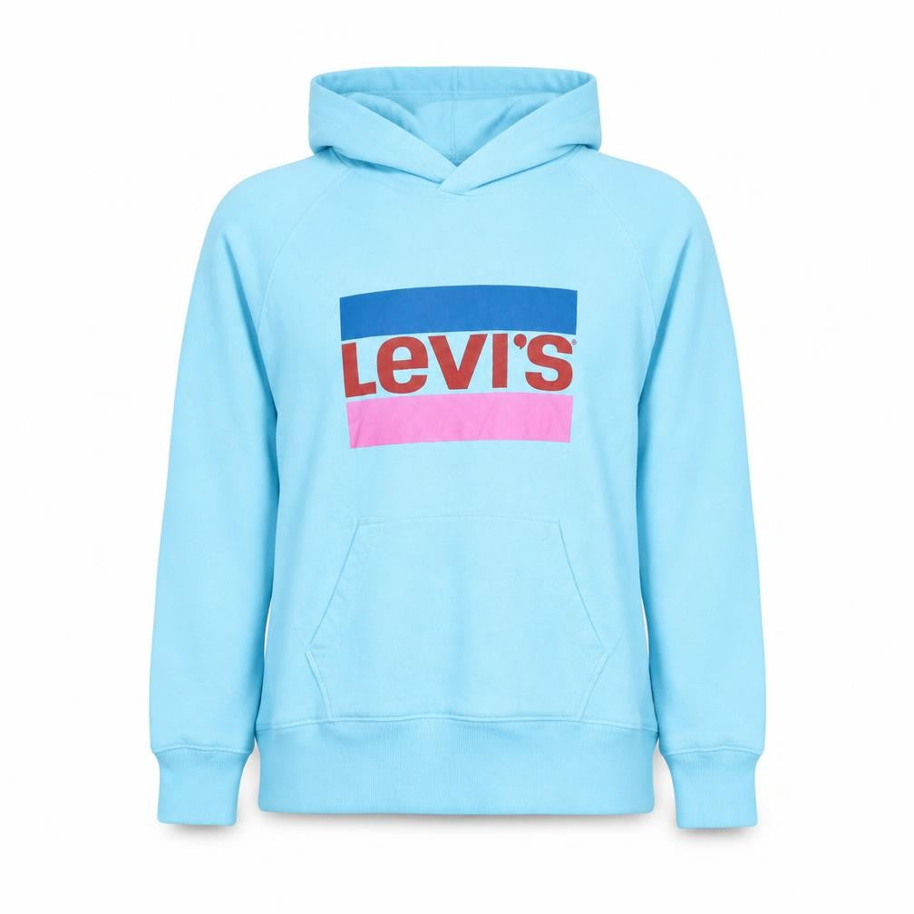 Front view of Levi's women’s blue xs pullover hoodie logo print casual sweatshirt