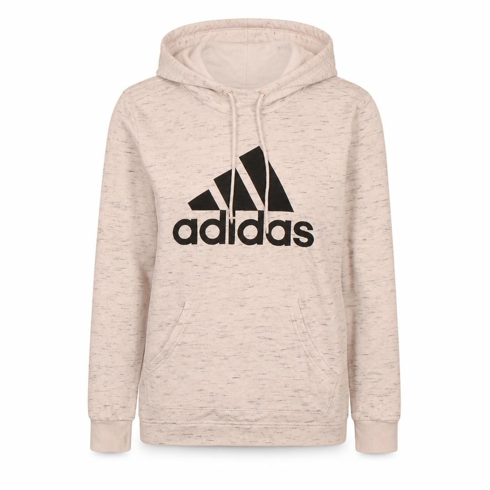 Front view of Adidas women’s beige pullover hoodie xs logo graphic sweatshirt
