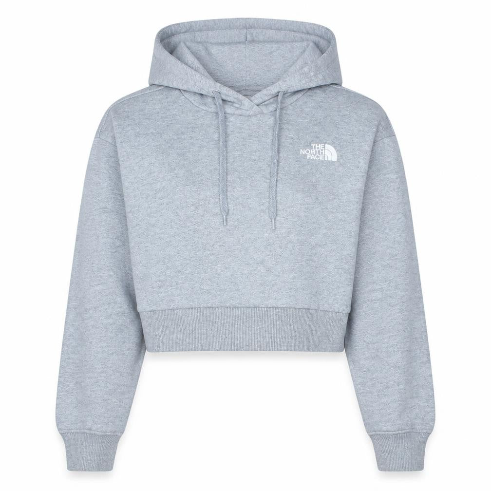 Front view of The North Face women’s grey small cropped pullover hoodie