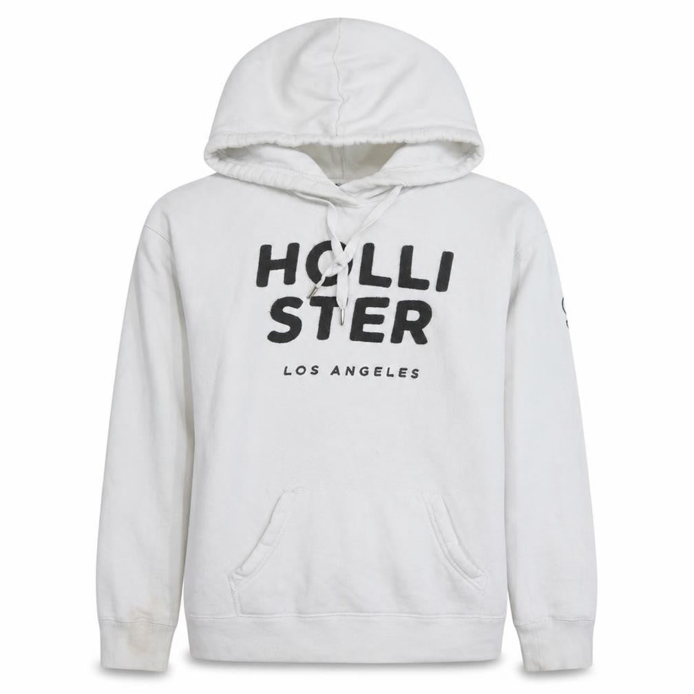 Front view of Hollister Men's White Pullover Hoodie Small Fleece Graphic Print