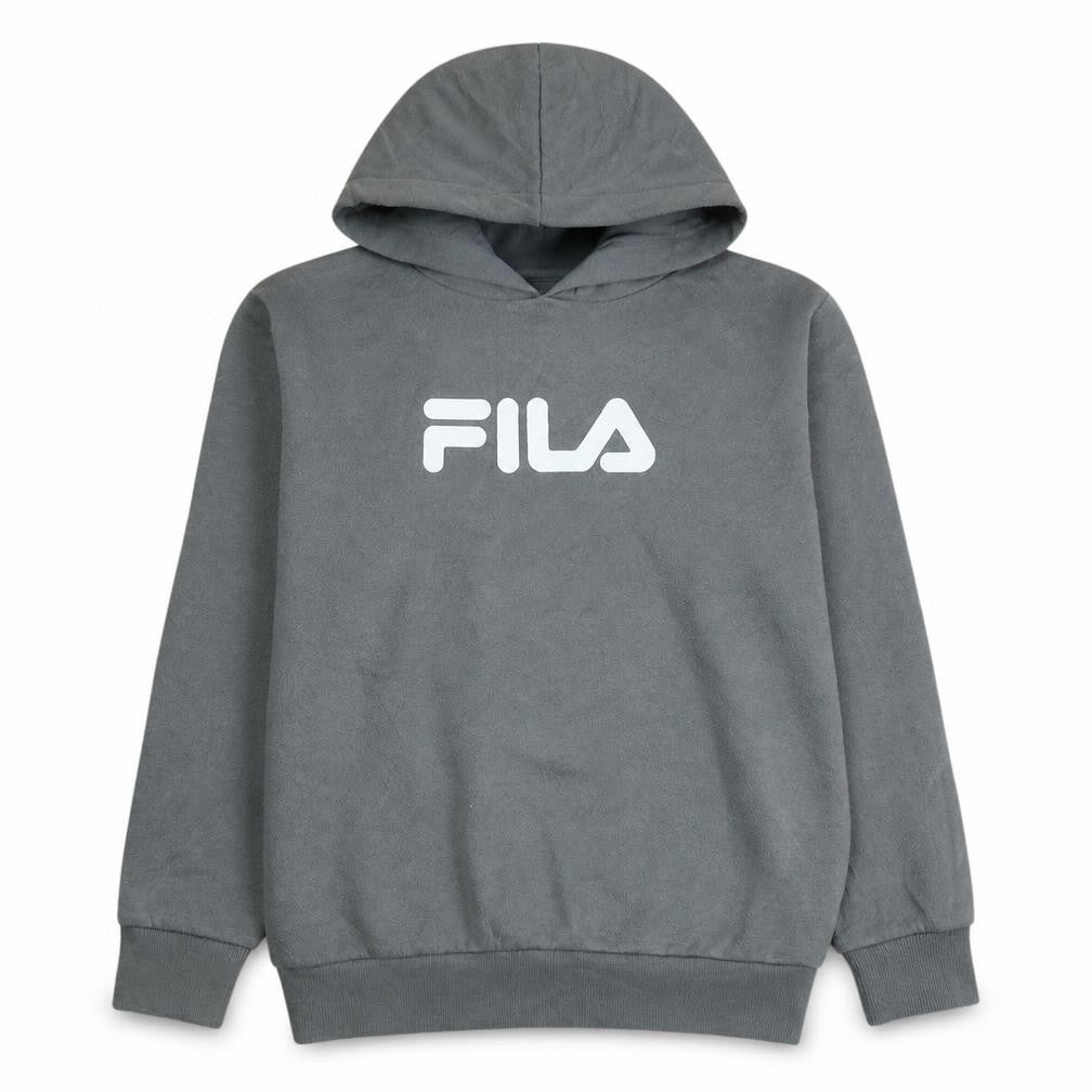 Front view of Fila boys’ grey pullover hoodie 12-13 years logo casual sweatshirt
