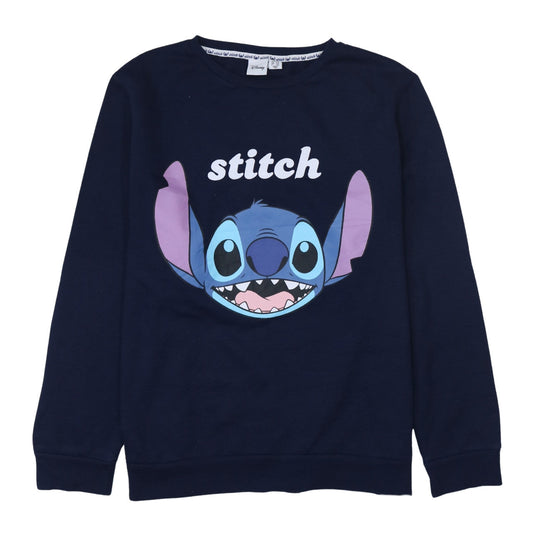 Front view of Disney women’s navy blue stitch sweatshirt, size UK 18/20, pullover