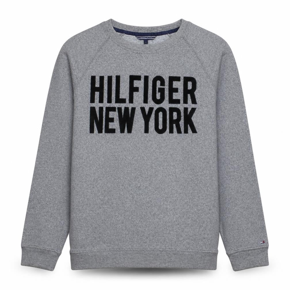 Front view of Tommy Hilfiger Men's Grey L Crew Neck Logo Pullover Sweatshirt